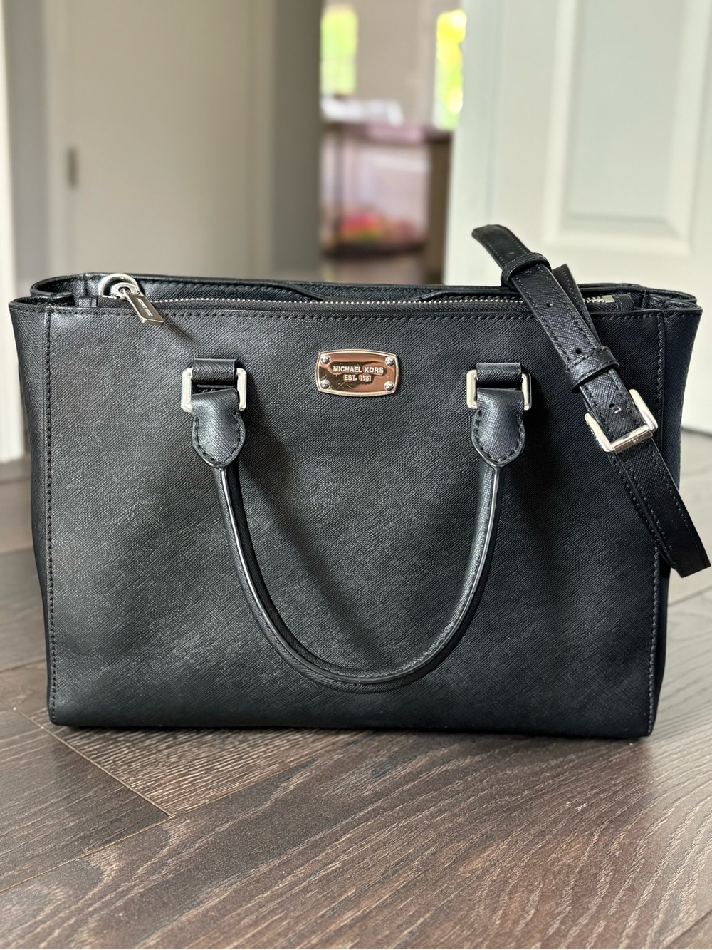 Michael Kors Black Saffiano Leather Satchel with Silver Hardware